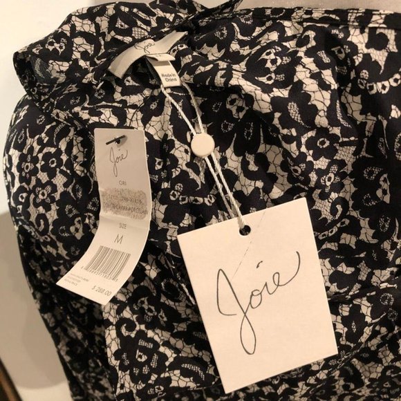 Joie Scoop Neck Ruffle Dress Caviar Porcelain Medium Black Ivory Womens Silk - Picture 4 of 7